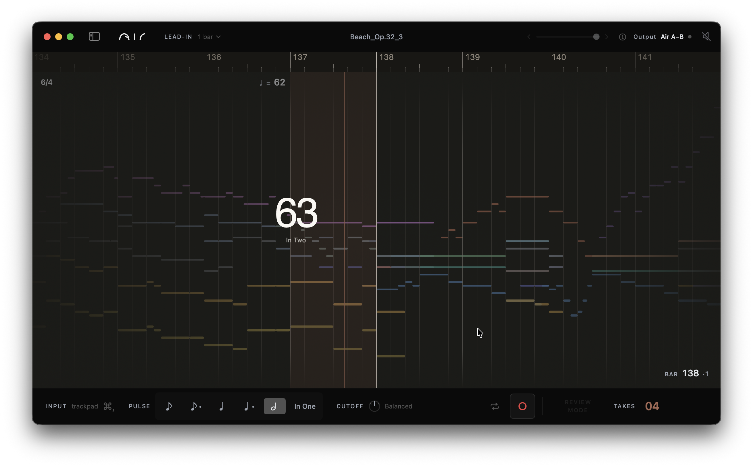 Air's piano-roll timeline and live tempo readout