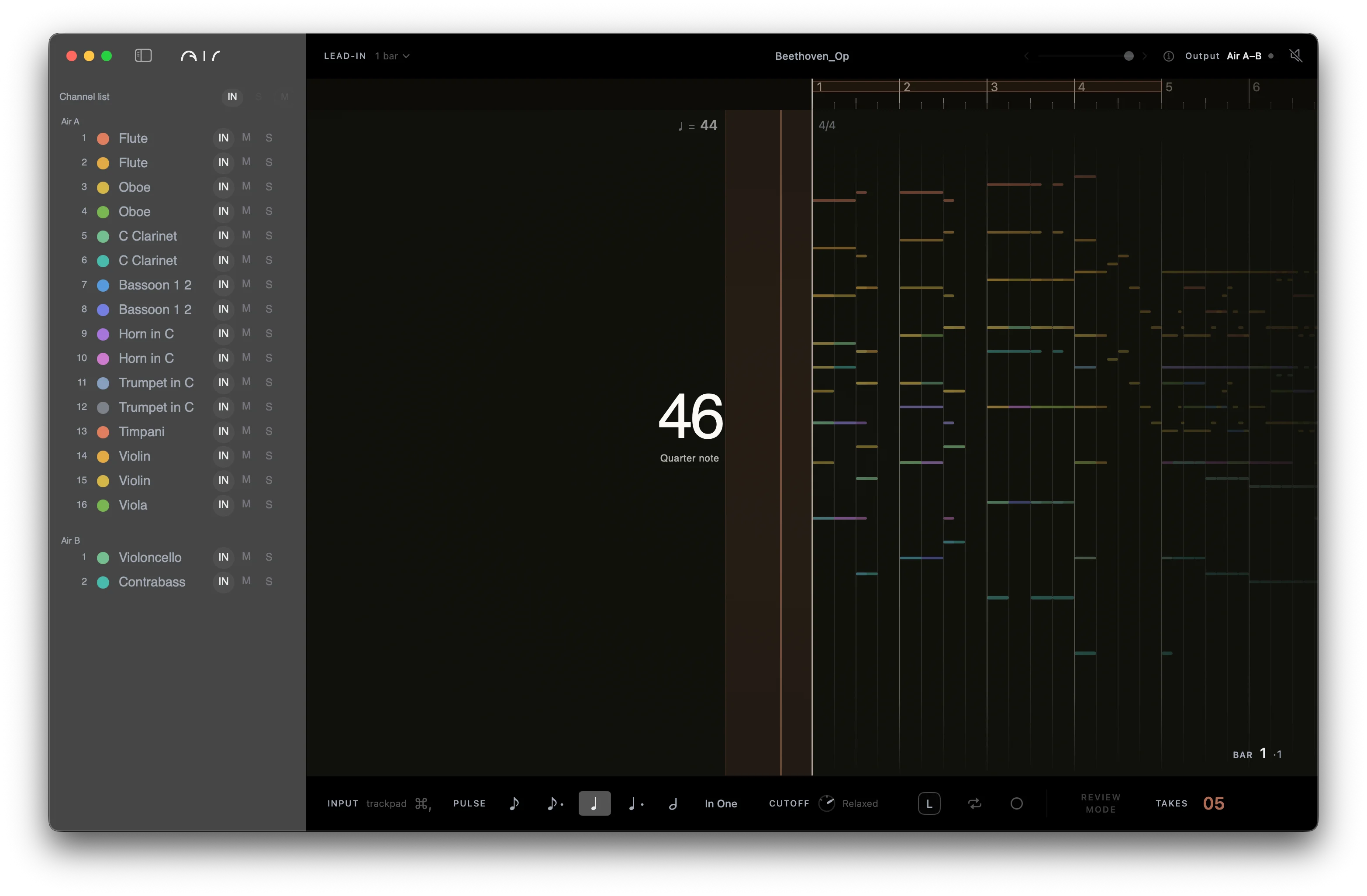 Air's piano-roll timeline and live tempo readout